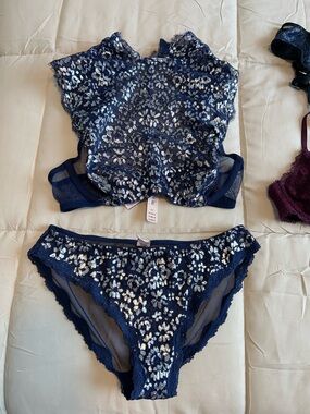 Navy Blue Lace & Sequin Bralette Set - Women Intimates